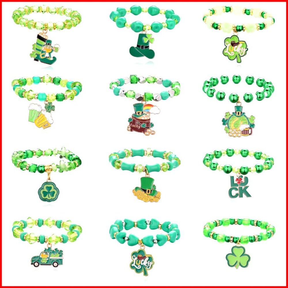 12-Piece St. Patrick's Day Charm Bracelet Set with Lucky Leaf Pendants